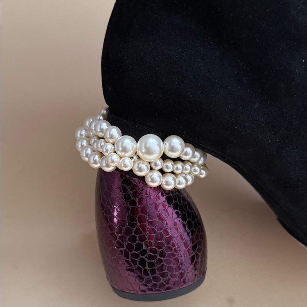 Dries Van Noten Black Suede Boots with Pearl and Purple Heels - Picture 5 of 6